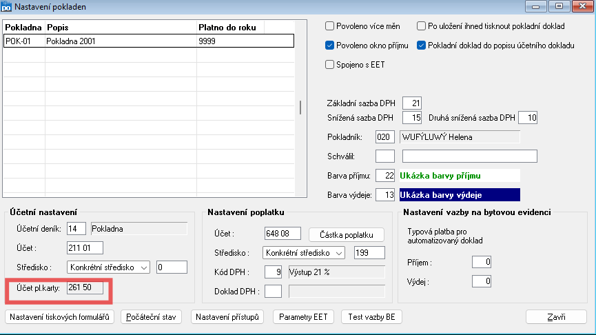Nastavení účtu platební karty v Nastavení pokladen
